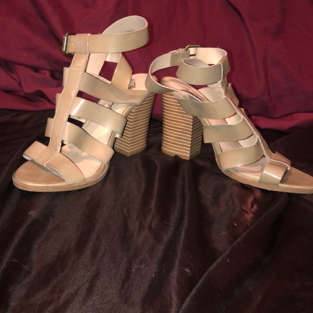 Tan, strap heels